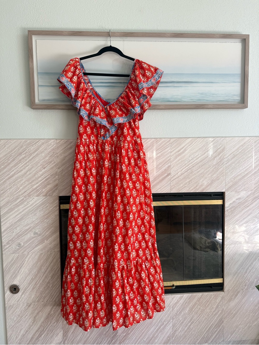 J. Crew Red Floral Maxi Dress with Blue Trim